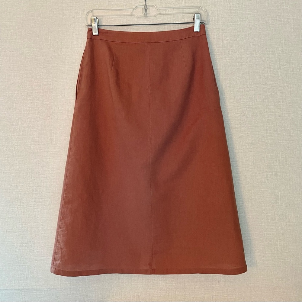 Button-Front A-Line Linen Blend Midi Skirt in a Dusty Rust, Size Small, 70s Vibe - Picture 2 of 8